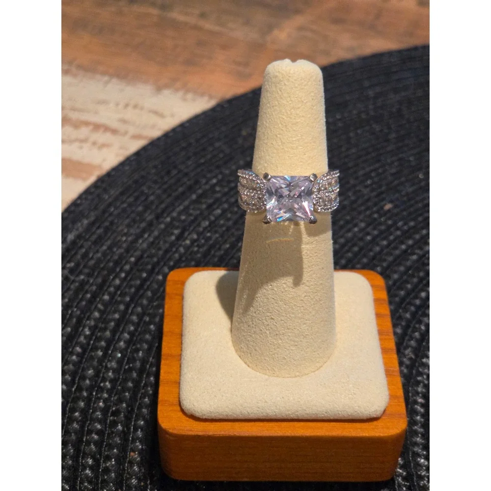 Princess Cut Clear Stone Statement Ring Silver Tone Pave Band Size 6